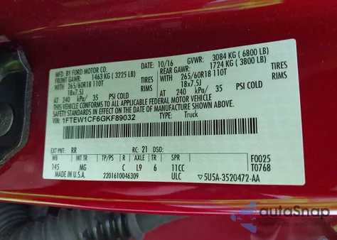 2016 Ford F-150 Xlt из США, поврежденный, VIN 1FTEW1CF6GKF89032